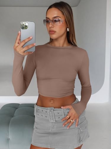 Trendy Queen Womens Long Sleeve Crop Tops Basic Slim Fitted Shirts Fashion 2025 Going Out Y2k Tops Teen Girl Clothes