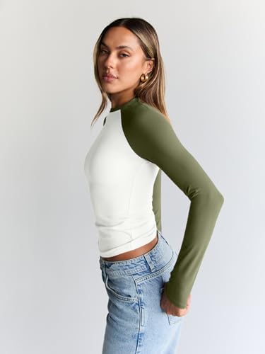 Trendy Queen Women's Long Sleeve Shirts Slim Fit Stretchy Color Block Slightly Cropped Tops