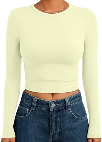 Trendy Queen Womens Long Sleeve Crop Tops Basic Slim Fitted Shirts Fashion 2025 Going Out Y2k Tops Teen Girl Clothes