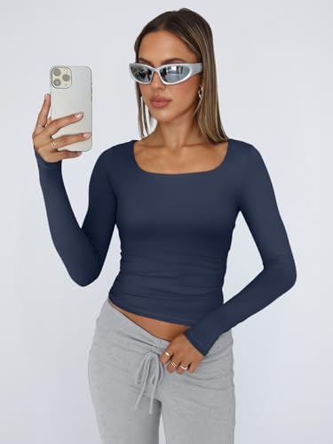 Trendy Queen Womens Long Sleeve Shirts Crop Tops Fall Fashion 2025 Square Neck Going Out Basics Tees Y2k Clothes