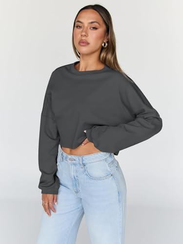 Trendy Queen Cropped Sweatshirts for Women Oversized Crewneck Sweaters Long Sleeve Tops Fall Winter Clothes 2025