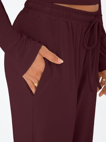 Trendy Queen Women's 2 Piece Matching Lounge Set Long Sleeve Slightly Crop Top Wide Leg Pants Casual Sweatsuit