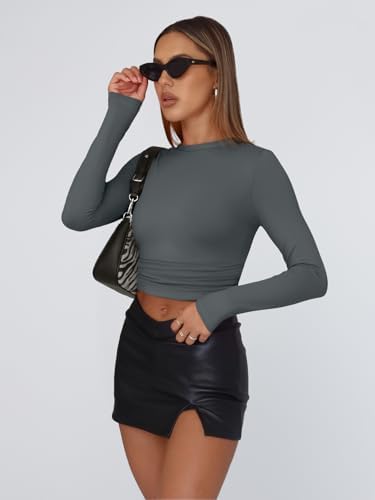 Trendy Queen Womens Long Sleeve T Shirts Fall Fashion 2025 Basic Crop Tops Going Out Outfits Y2k Clothes