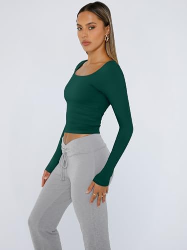 Trendy Queen Womens Long Sleeve Shirts Crop Tops Fall Fashion 2025 Square Neck Going Out Basics Tees Y2k Clothes