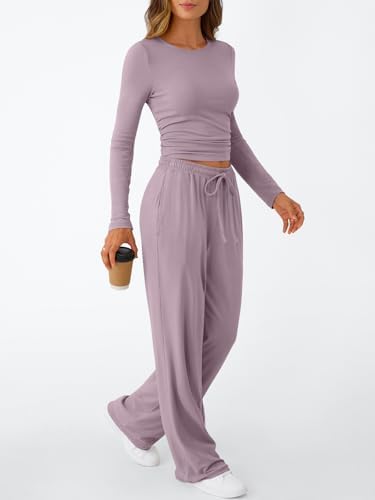 Trendy Queen Women's 2 Piece Matching Lounge Set Long Sleeve Slightly Crop Top Wide Leg Pants Casual Sweatsuit