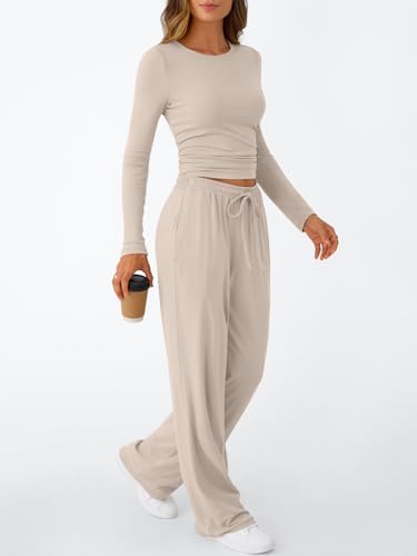 Trendy Queen Women's 2 Piece Matching Lounge Set Long Sleeve Slightly Crop Top Wide Leg Pants Casual Sweatsuit