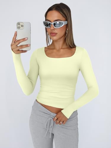 Trendy Queen Womens Long Sleeve Shirts Crop Tops Fall Fashion 2025 Square Neck Going Out Basics Tees Y2k Clothes