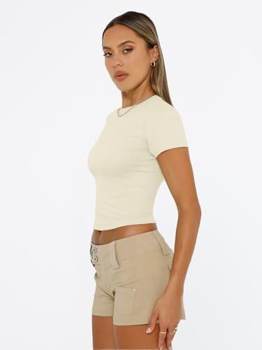 Trendy Queen Womens Short Sleeve T Shirts Summer Crop Tops Basic Slim Fit Gym Workout Y2k Clothes
