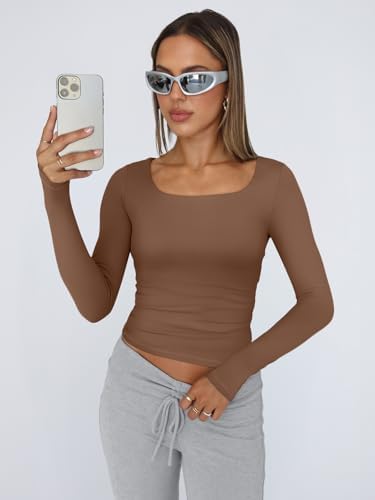 Trendy Queen Womens Long Sleeve Shirts Crop Tops Fall Fashion 2025 Square Neck Going Out Basics Tees Y2k Clothes