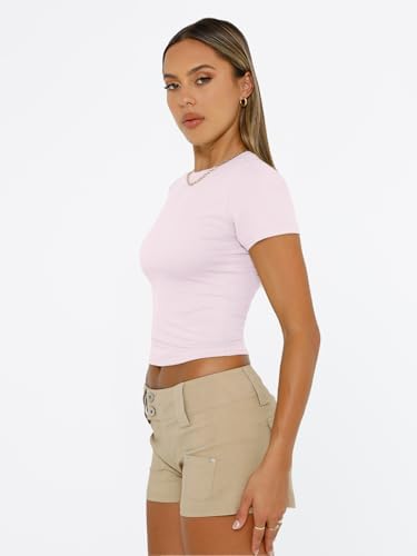Trendy Queen Womens Short Sleeve T Shirts Summer Crop Tops Basic Slim Fit Gym Workout Y2k Clothes