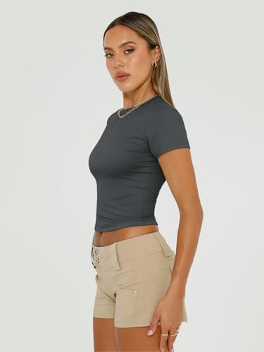 Trendy Queen Womens Short Sleeve T Shirts Summer Crop Tops Basic Slim Fit Gym Workout Y2k Clothes