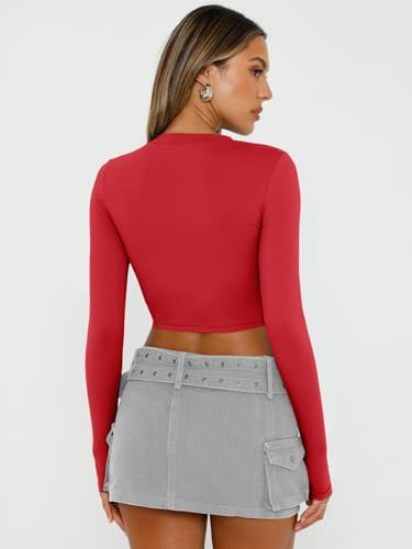 Trendy Queen Womens Long Sleeve Crop Tops Basic Slim Fitted Shirts Fashion 2025 Going Out Y2k Tops Teen Girl Clothes