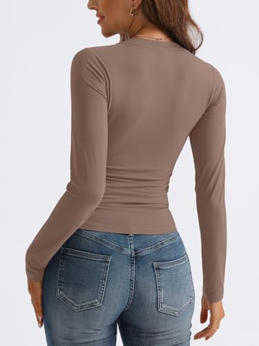 Trendy Queen Long Sleeve Shirts for Women 2025 Fall Fashion V Neck Basics Crop Tops Slim Fitted Y2K Tops Outfits Clothes