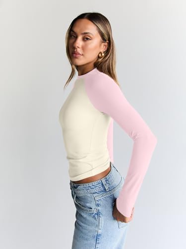 Trendy Queen Women's Long Sleeve Shirts Slim Fit Stretchy Color Block Slightly Cropped Tops