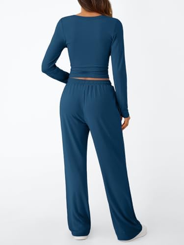 Trendy Queen Women's 2 Piece Matching Lounge Set Long Sleeve Slightly Crop Top Wide Leg Pants Casual Sweatsuit