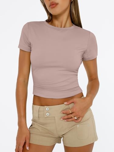 Trendy Queen Womens Short Sleeve T Shirts Summer Crop Tops Basic Slim Fit Gym Workout Y2k Clothes
