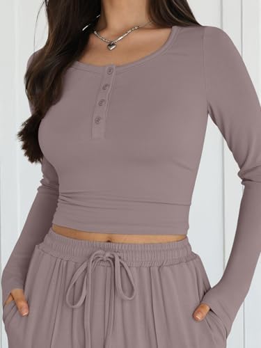 Trendy Queen 2 Piece Matching Lounge Sets for Women Fall Fashion 2025 Two Piece Outfits Henley Crop Tops Wide Leg Pants