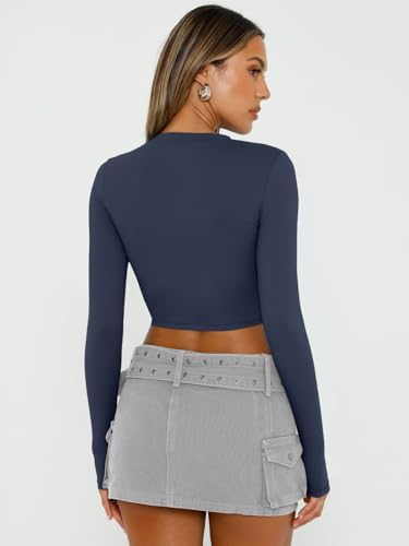 Trendy Queen Womens Long Sleeve Crop Tops Basic Slim Fitted Shirts Fashion 2025 Going Out Y2k Tops Teen Girl Clothes