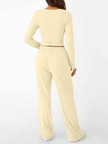 Trendy Queen Women's 2 Piece Matching Lounge Set Long Sleeve Slightly Crop Top Wide Leg Pants Casual Sweatsuit