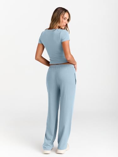 Trendy Queen 2 Piece Matching Summer Sweatsuit Lounge Set Womens Wide Leg Pants Side Ruching Crop Top Sets