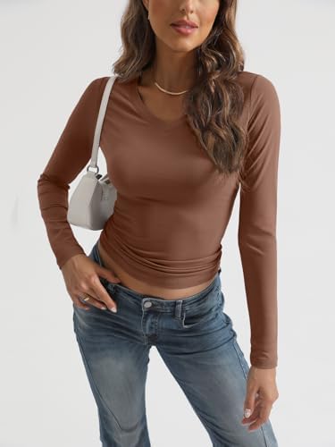 Trendy Queen Long Sleeve Shirts for Women 2025 Fall Fashion V Neck Basics Crop Tops Slim Fitted Y2K Tops Outfits Clothes