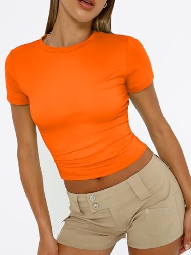 Trendy Queen Womens Short Sleeve T Shirts Summer Crop Tops Basic Slim Fit Gym Workout Y2k Clothes