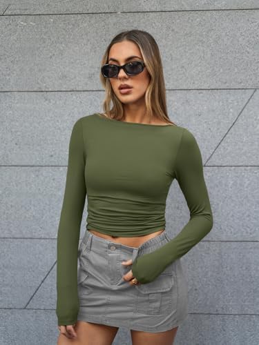 Trendy Queen Women's Boat Neck Tops Long Sleeve Shirts Casual Fitted Tee Shirts Solid Color Fall Basic Clothes 2025