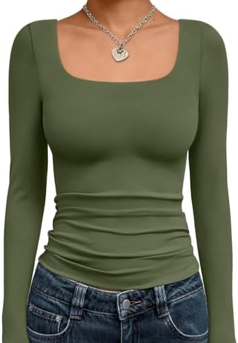 Trendy Queen Womens Long Sleeve Shirts Crop Tops Fall Fashion 2025 Square Neck Going Out Basics Tees Y2k Clothes