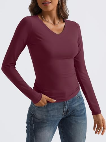 Trendy Queen Long Sleeve Shirts for Women 2025 Fall Fashion V Neck Basics Crop Tops Slim Fitted Y2K Tops Outfits Clothes