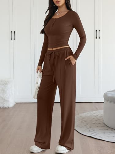 Trendy Queen 2 Piece Matching Lounge Sets for Women Fall Fashion 2025 Two Piece Outfits Henley Crop Tops Wide Leg Pants