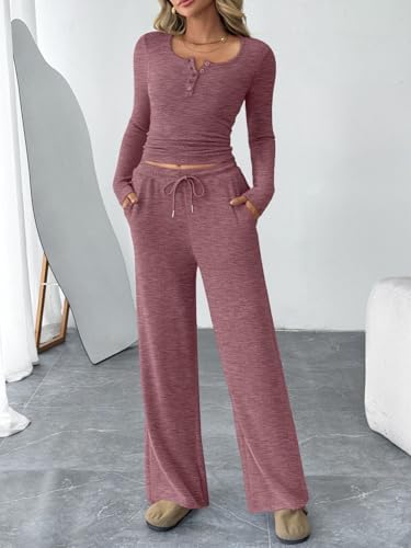 Trendy Queen Women's 2 Piece Matching Lounge Sets Fall Fashion Outfits Henley Neck Sweater Top Wide Leg Pants Sweat Suits