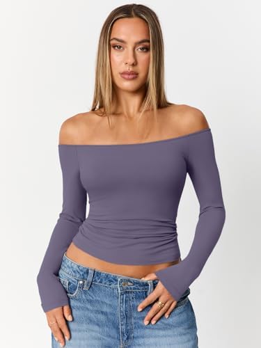 Trendy Queen Womens Long Sleeve Off The Shoulder Tops Going Out Cute Basic Y2K Fall Fashion 2025 Outfits Clothes