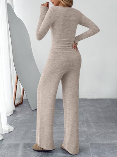 Trendy Queen Women's 2 Piece Matching Lounge Sets Fall Fashion Outfits Henley Neck Sweater Top Wide Leg Pants Sweat Suits