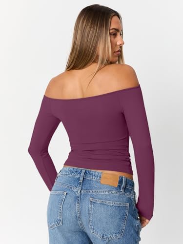 Trendy Queen Womens Long Sleeve Off The Shoulder Tops Going Out Cute Basic Y2K Fall Fashion 2025 Outfits Clothes