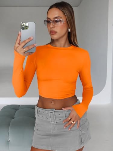 Trendy Queen Womens Long Sleeve Crop Tops Basic Slim Fitted Shirts Fashion 2025 Going Out Y2k Tops Teen Girl Clothes