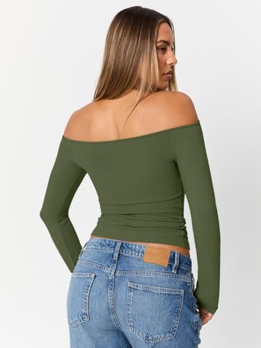 Trendy Queen Womens Long Sleeve Off The Shoulder Tops Going Out Cute Basic Y2K Fall Fashion 2025 Outfits Clothes