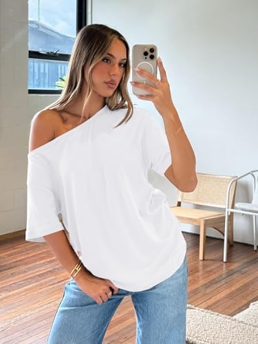 Trendy Queen Womens Off The Shoulder Tops Oversized T-Shirts Short Sleeve Tees Summer 2025 Casual Spring Fashion Clothes