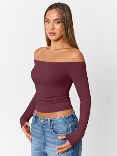 Trendy Queen Womens Long Sleeve Off The Shoulder Tops Going Out Cute Basic Y2K Fall Fashion 2025 Outfits Clothes