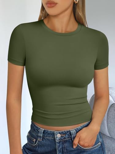 Trendy Queen Womens Short Sleeve T Shirts Summer Crop Tops Basic Slim Fit Gym Workout Y2k Clothes