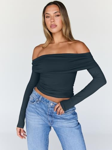 Trendy Queen Women Long Sleeve Shirts Off Shoulder Tops Going Out Crop Sexy Slim Fitted Y2K Fall Outfits 2025 Fashion Clothes