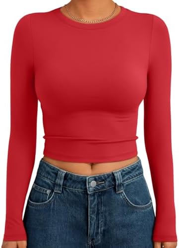 Trendy Queen Womens Long Sleeve Crop Tops Basic Slim Fitted Shirts Fashion 2025 Going Out Y2k Tops Teen Girl Clothes