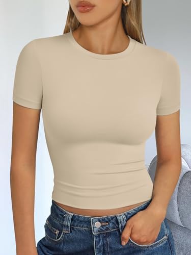 Trendy Queen Womens Short Sleeve T Shirts Summer Crop Tops Basic Slim Fit Gym Workout Y2k Clothes