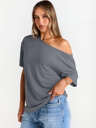Trendy Queen Womens Off The Shoulder Tops Oversized T-Shirts Short Sleeve Tees Summer 2025 Casual Spring Fashion Clothes