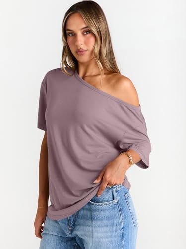 Trendy Queen Womens Off The Shoulder Tops Oversized T-Shirts Short Sleeve Tees Summer 2025 Casual Spring Fashion Clothes