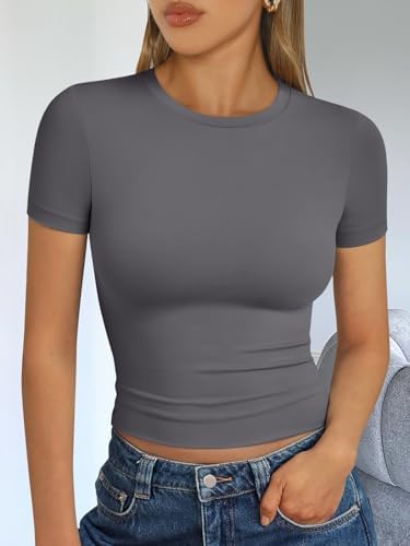 Trendy Queen Womens Short Sleeve T Shirts Summer Crop Tops Basic Slim Fit Gym Workout Y2k Clothes