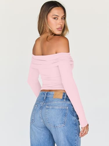 Trendy Queen Women Long Sleeve Shirts Off Shoulder Tops Going Out Crop Sexy Slim Fitted Y2K Fall Outfits 2025 Fashion Clothes