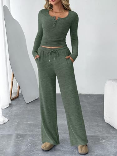 Trendy Queen Women's 2 Piece Matching Lounge Sets Fall Fashion Outfits Henley Neck Sweater Top Wide Leg Pants Sweat Suits