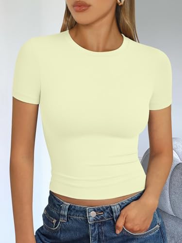 Trendy Queen Womens Short Sleeve T Shirts Summer Crop Tops Basic Slim Fit Gym Workout Y2k Clothes