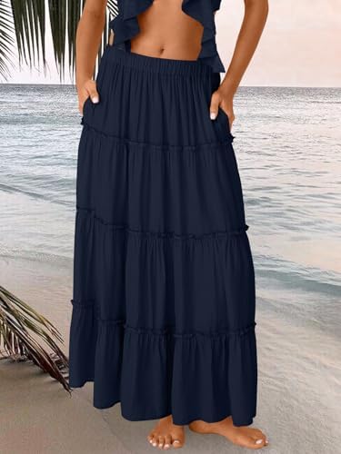 Trendy Queen Long Skirts for Women Boho Maxi Skirt Summer Swing Tiered A-Line Elastic High Waist Dress with Pockets Fashion