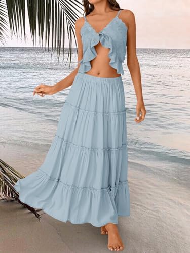 Trendy Queen Long Skirts for Women Boho Maxi Skirt Summer Swing Tiered A-Line Elastic High Waist Dress with Pockets Fashion